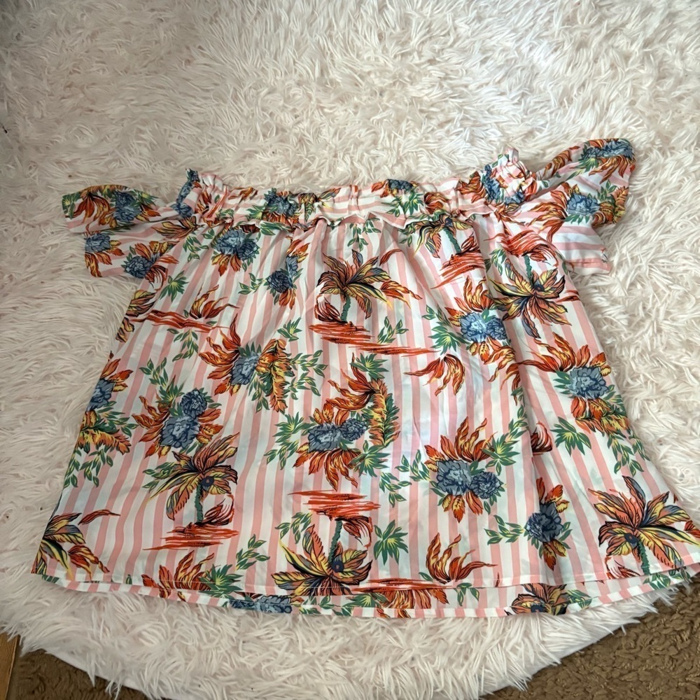 Entro Floral Off-Shoulder Top Small Floral Pink Striped Tropical Beach Blouse - Picture 5 of 5